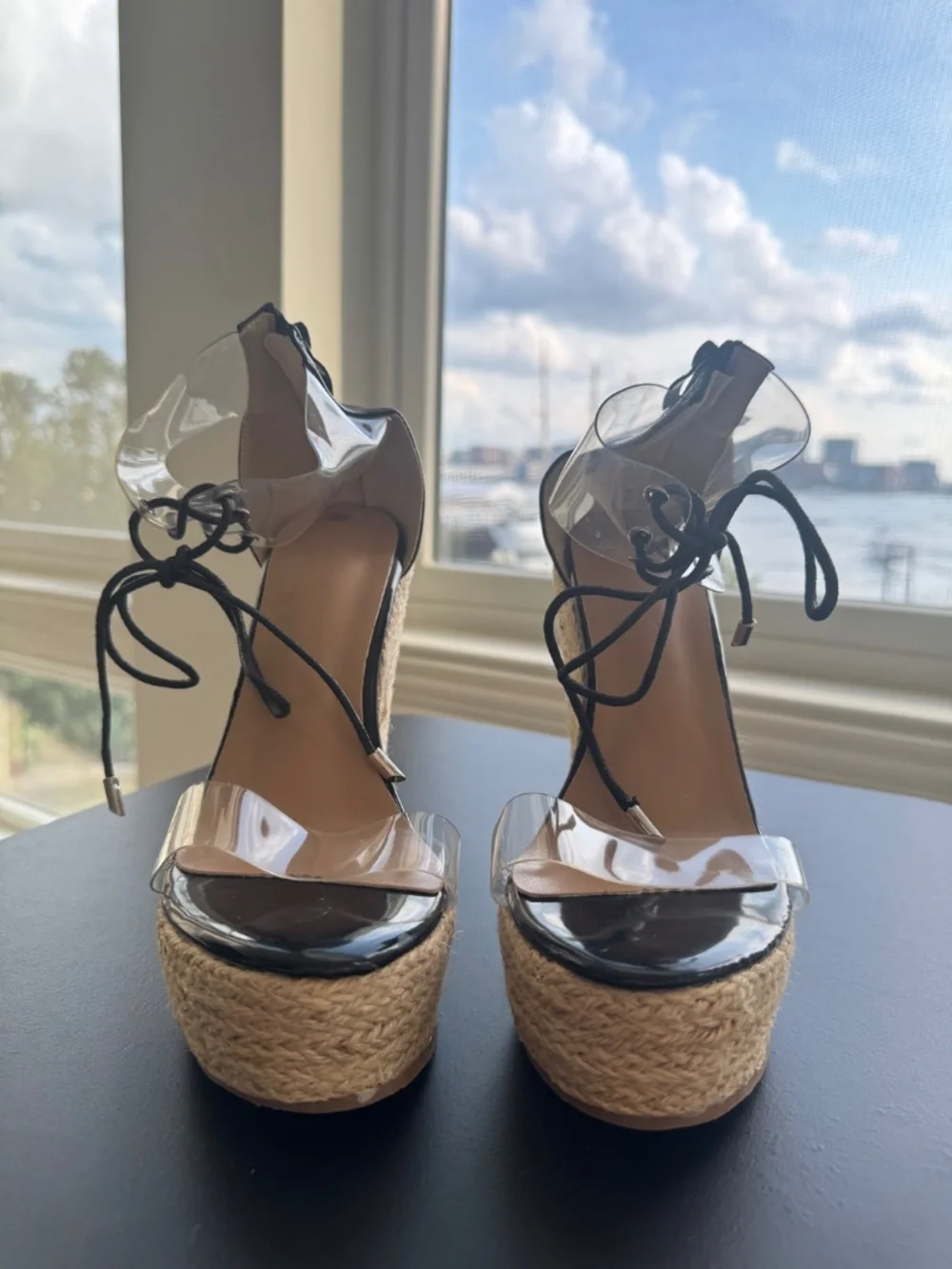 Black Clear PVC Lace-Up Espadrille Platform Wedge Sandals EU 38